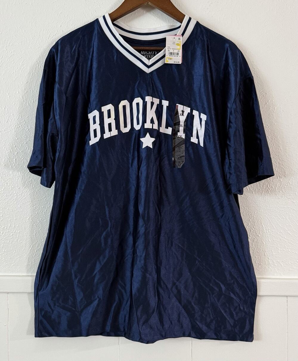 Mighty Fine Brooklyn Football Jersey 2X Blue Oversized V Neck Short Sleeve NWT